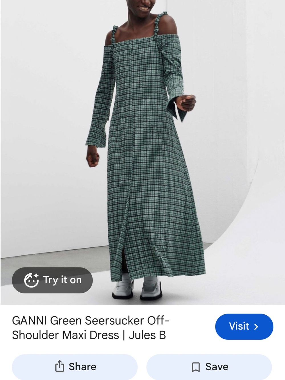 Ganni Green Plaid Off-Shoulder Maxi Dress